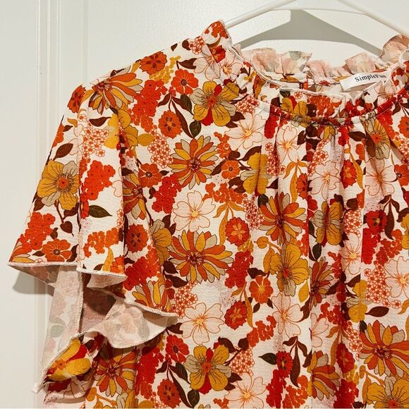 SimpleFun Women's Boho Top Floral Ruffle Short Sleeve Mock Neck Flowy Size Large - Picture 3 of 9